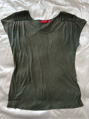 ELLE Olive Embellished Shoulder Short Sleeve Tee